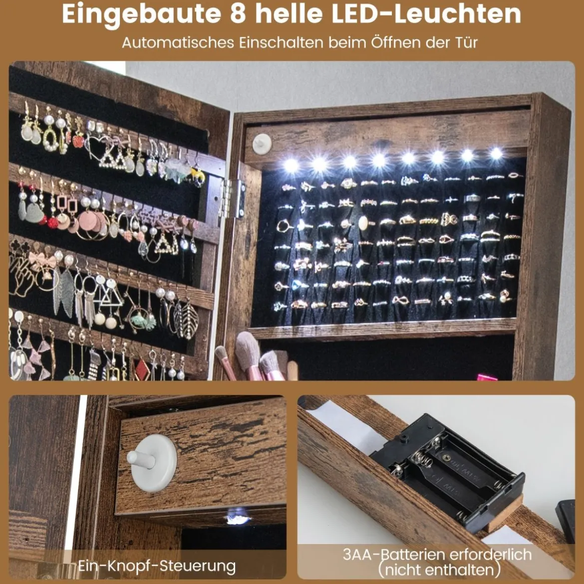 Schmuckschrank mit Ablage & Ganzkörperspiegel & 3 Farbigen LED-Lechten & 2 Schubladen Braun