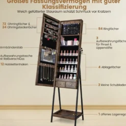 Schmuckschrank mit Ablage & Ganzkörperspiegel & 3 Farbigen LED-Lechten & 2 Schubladen Braun