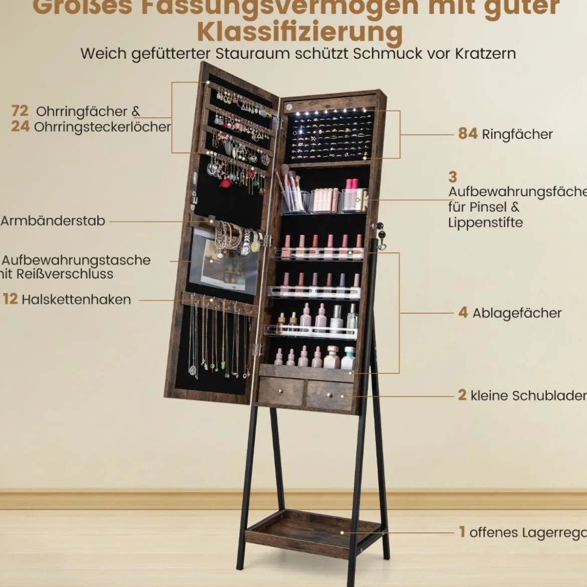Schmuckschrank mit Ablage & Ganzkörperspiegel & 3 Farbigen LED-Lechten & 2 Schubladen Braun
