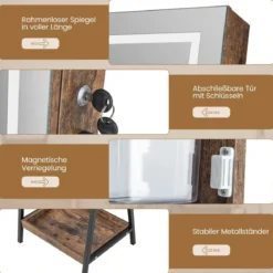 Schmuckschrank mit Ablage & Ganzkörperspiegel & 3 Farbigen LED-Lechten & 2 Schubladen Braun