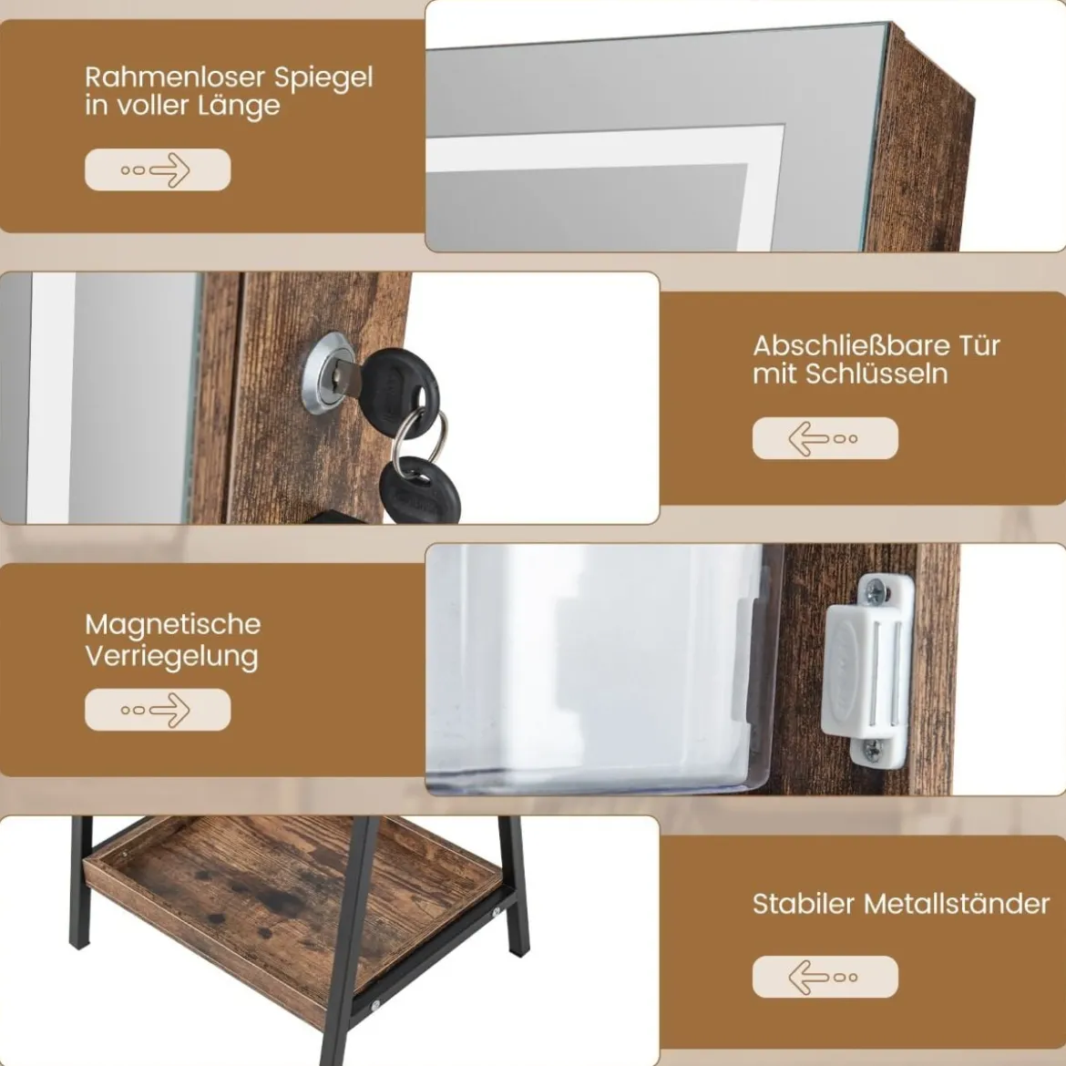 Schmuckschrank mit Ablage & Ganzkörperspiegel & 3 Farbigen LED-Lechten & 2 Schubladen Braun