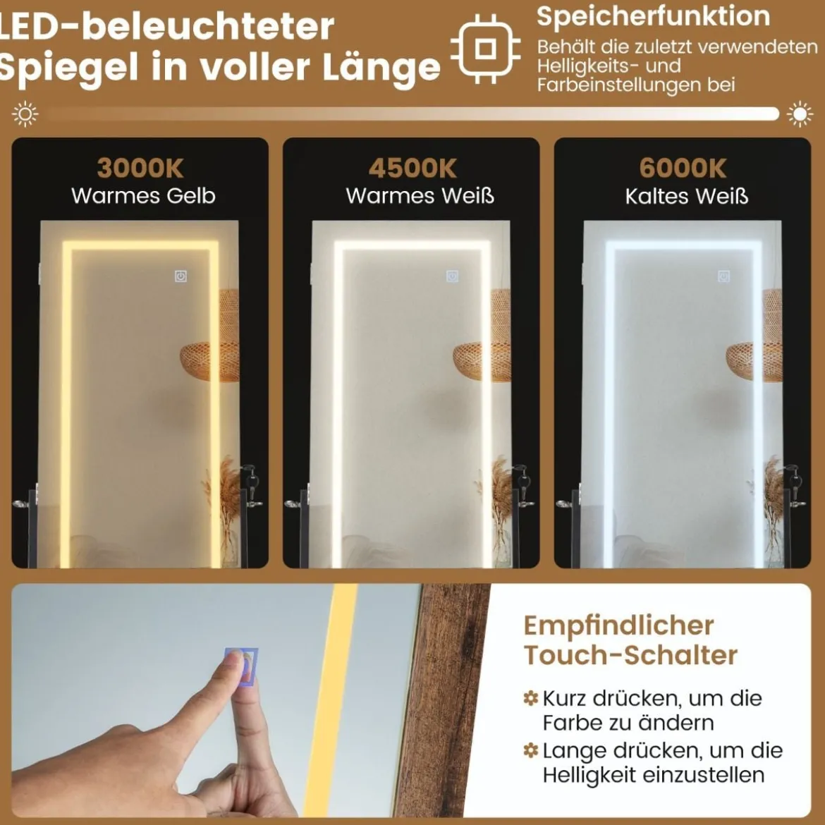 Schmuckschrank mit Ablage & Ganzkörperspiegel & 3 Farbigen LED-Lechten & 2 Schubladen Braun