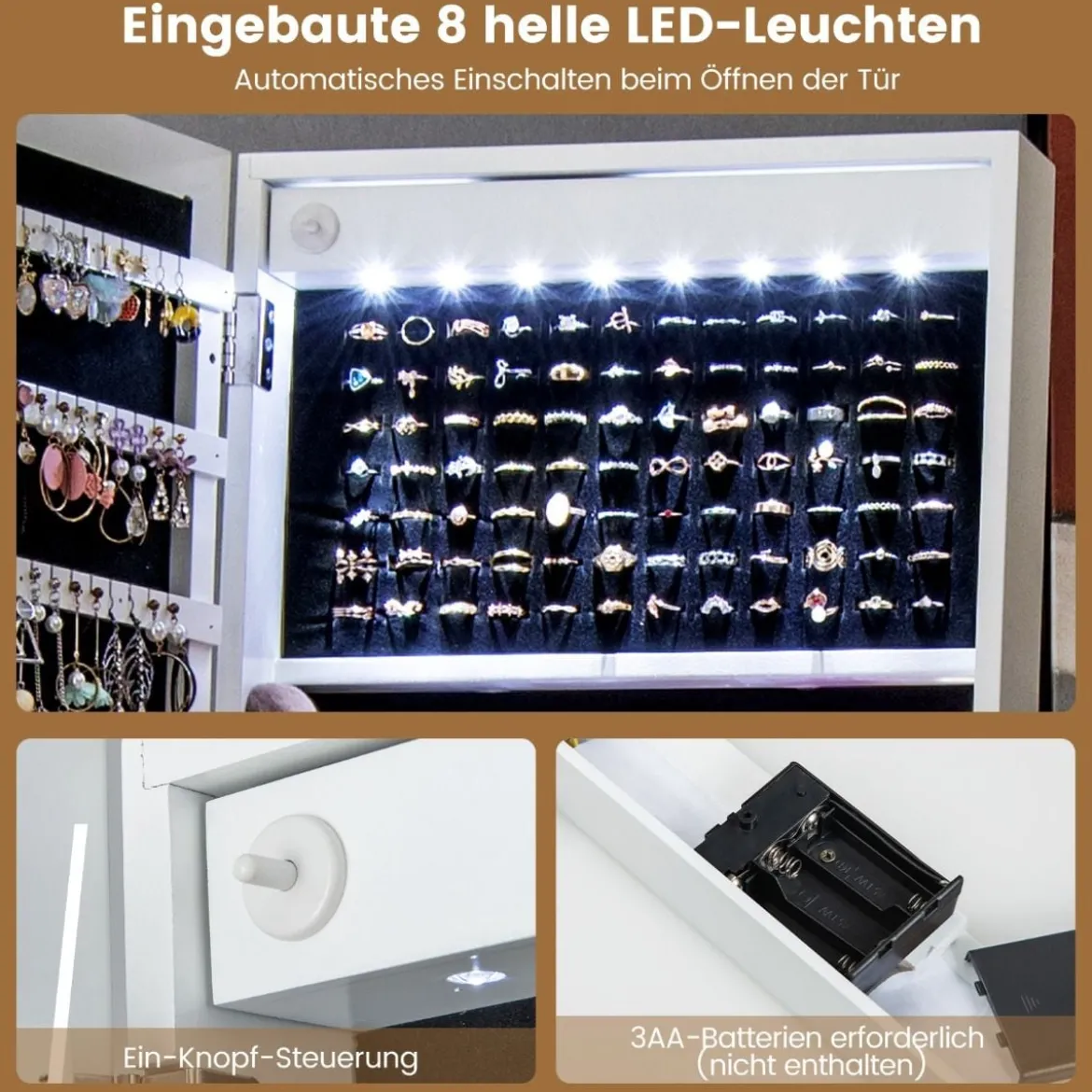 Schmuckschrank mit Ablage & Ganzkörperspiegel & 3 Farbigen LED-Lechten & 2 Schubladen Weiß