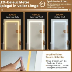 Schmuckschrank mit Ablage & Ganzkörperspiegel & 3 Farbigen LED-Lechten & 2 Schubladen Weiß