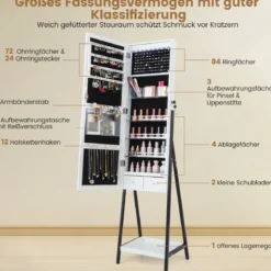 Schmuckschrank mit Ablage & Ganzkörperspiegel & 3 Farbigen LED-Lechten & 2 Schubladen Weiß