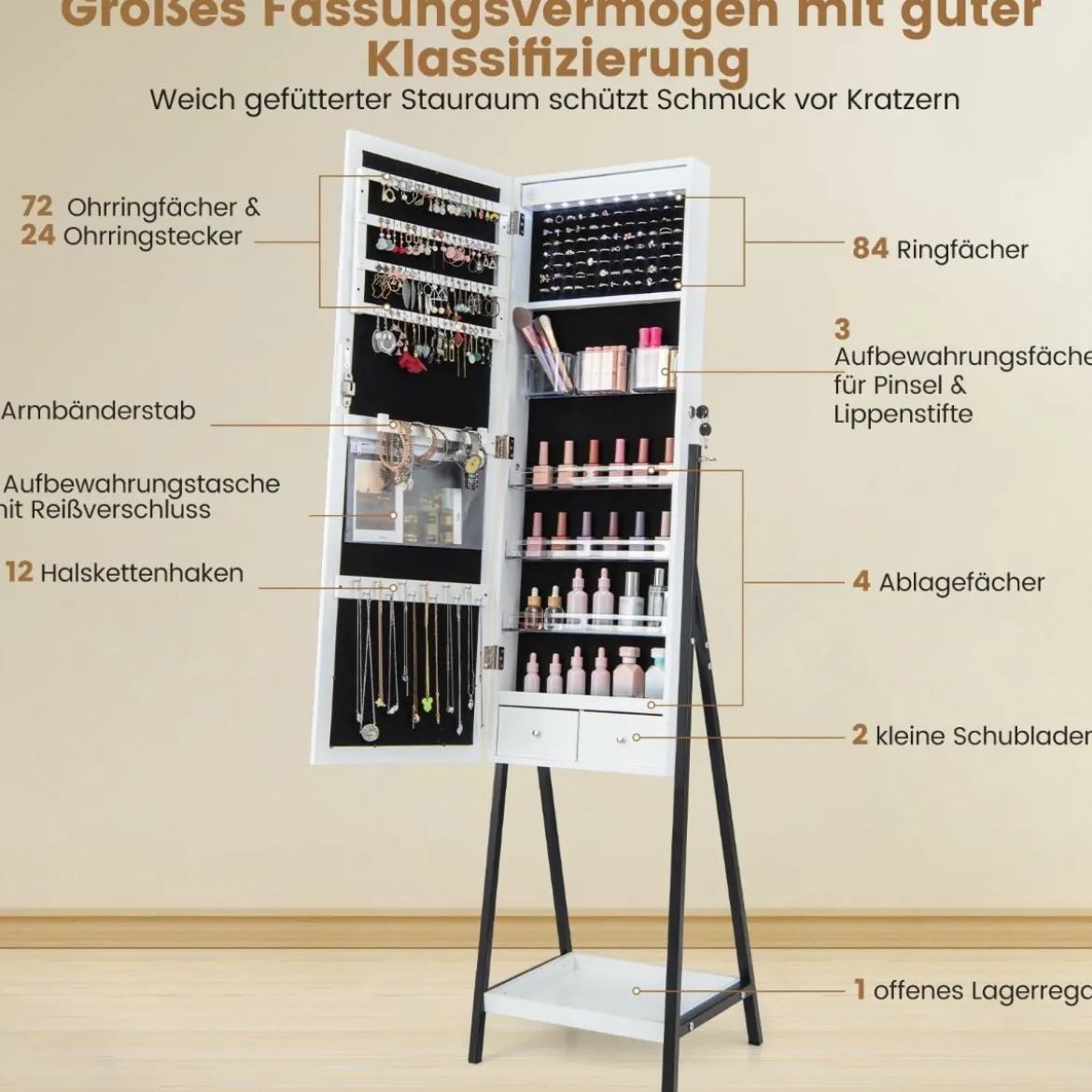 Schmuckschrank mit Ablage & Ganzkörperspiegel & 3 Farbigen LED-Lechten & 2 Schubladen Weiß