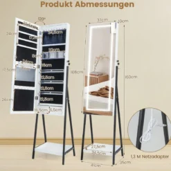 Schmuckschrank mit Ablage & Ganzkörperspiegel & 3 Farbigen LED-Lechten & 2 Schubladen Weiß