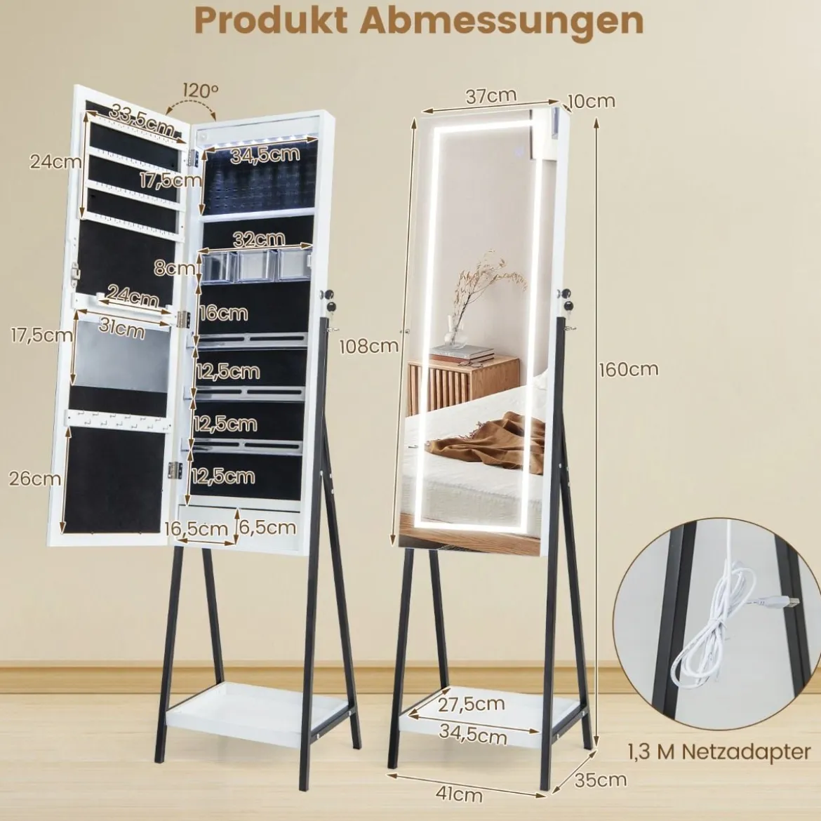 Schmuckschrank mit Ablage & Ganzkörperspiegel & 3 Farbigen LED-Lechten & 2 Schubladen Weiß