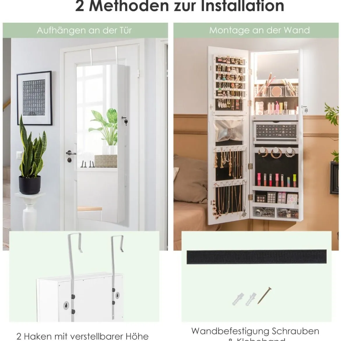 Schmuckschrank mit Ganzkörperspiegel & 3-farbigen Lichtern an der Wand/Tür Weiß
