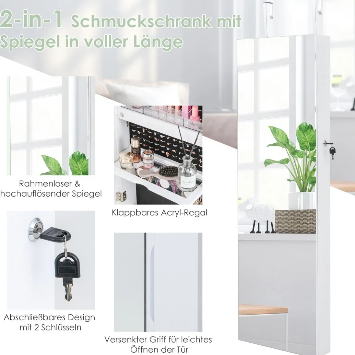 Schmuckschrank mit Ganzkörperspiegel & 3-farbigen Lichtern an der Wand/Tür Weiß