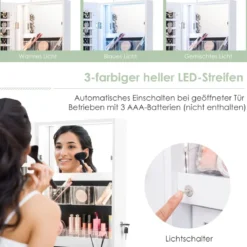 Schmuckschrank mit Ganzkörperspiegel & 3-farbigen Lichtern an der Wand/Tür Weiß