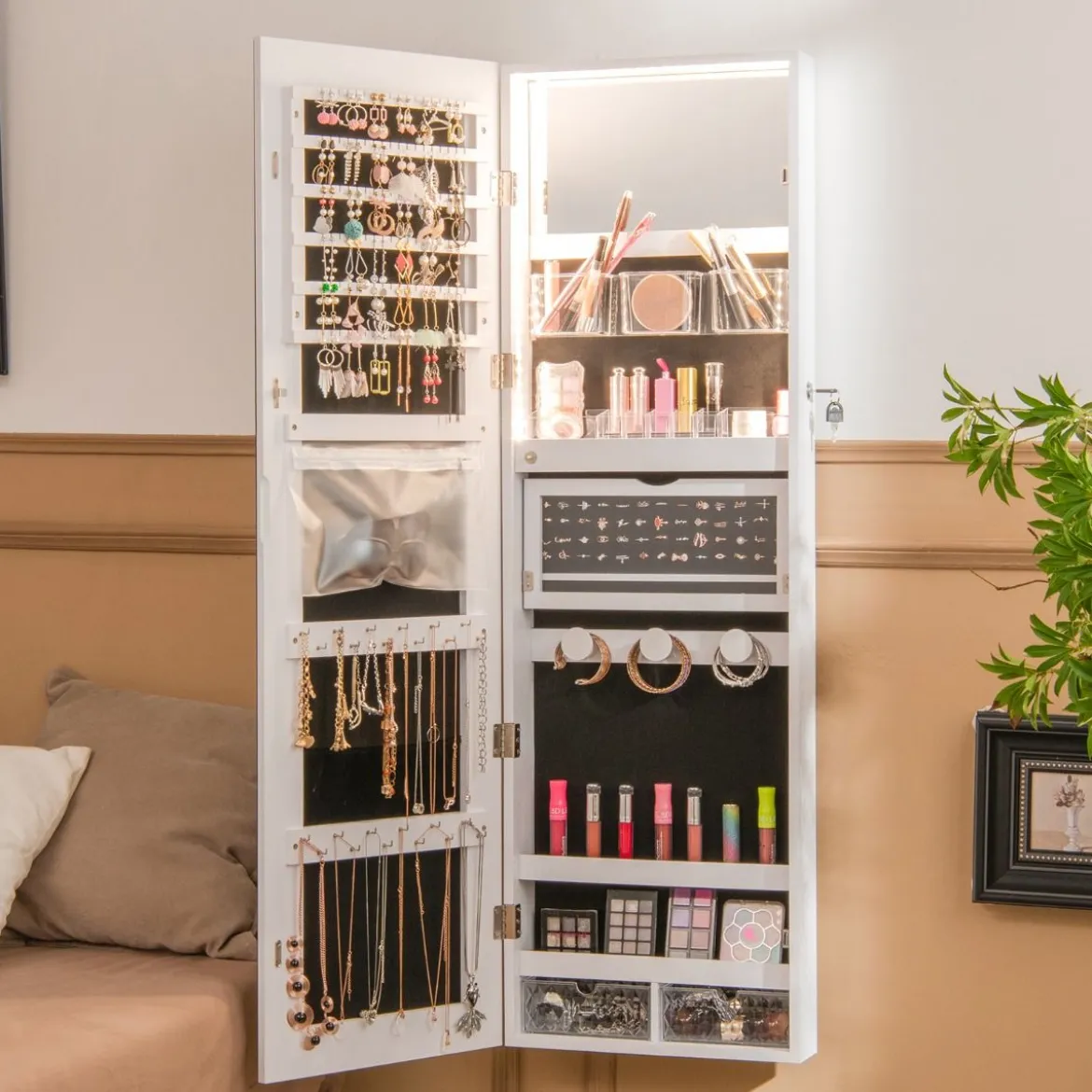Schmuckschrank mit Ganzkörperspiegel & 3-farbigen Lichtern an der Wand/Tür Weiß