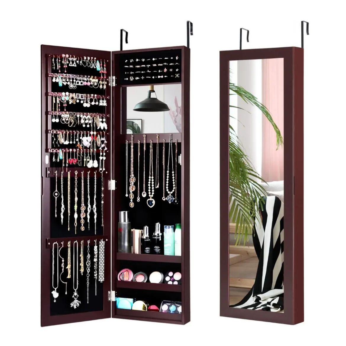 Schmuckschrank mit Ganzkörperspiegel und eingebautem Schminkspiegel Weiß/Schwarz/Braun