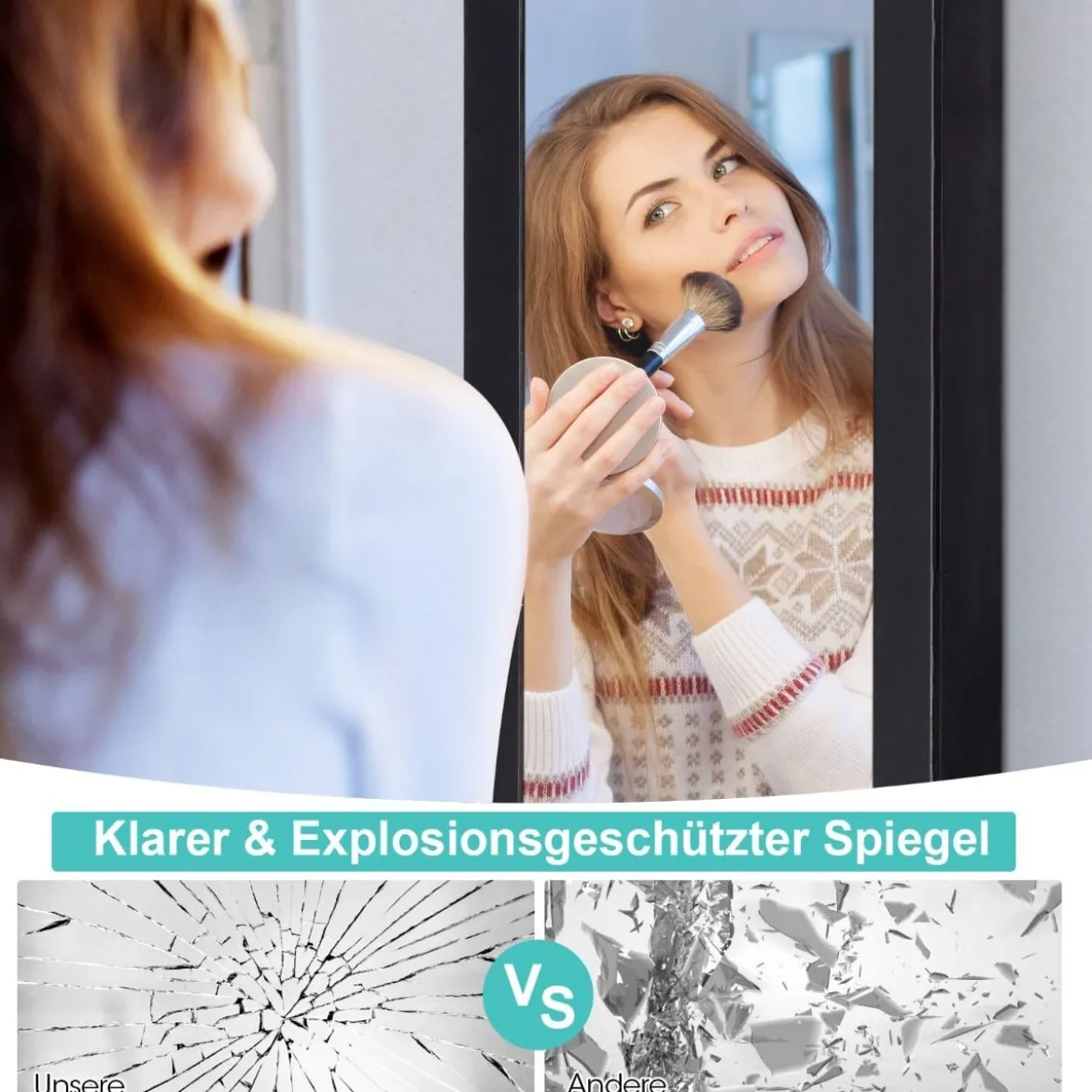 Schmuckschrank mit Ganzkörperspiegel und eingebautem Schminkspiegel Weiß/Schwarz/Braun