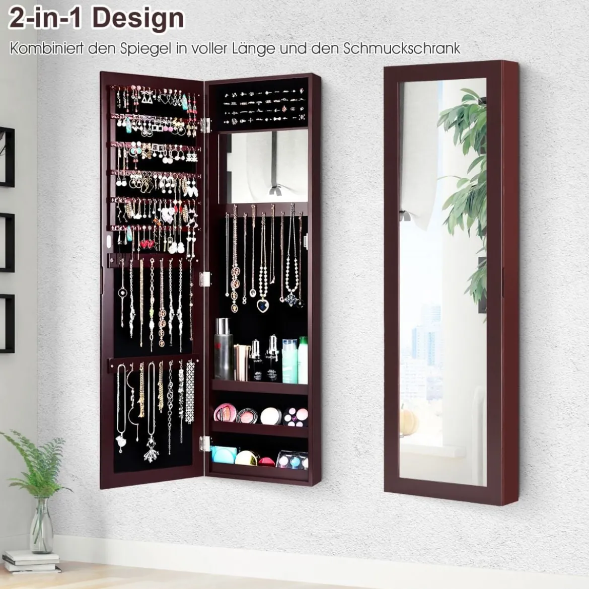 Schmuckschrank mit Ganzkörperspiegel und eingebautem Schminkspiegel Weiß/Schwarz/Braun