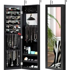 Schmuckschrank mit Ganzkörperspiegel und eingebautem Schminkspiegel Weiß/Schwarz/Braun
