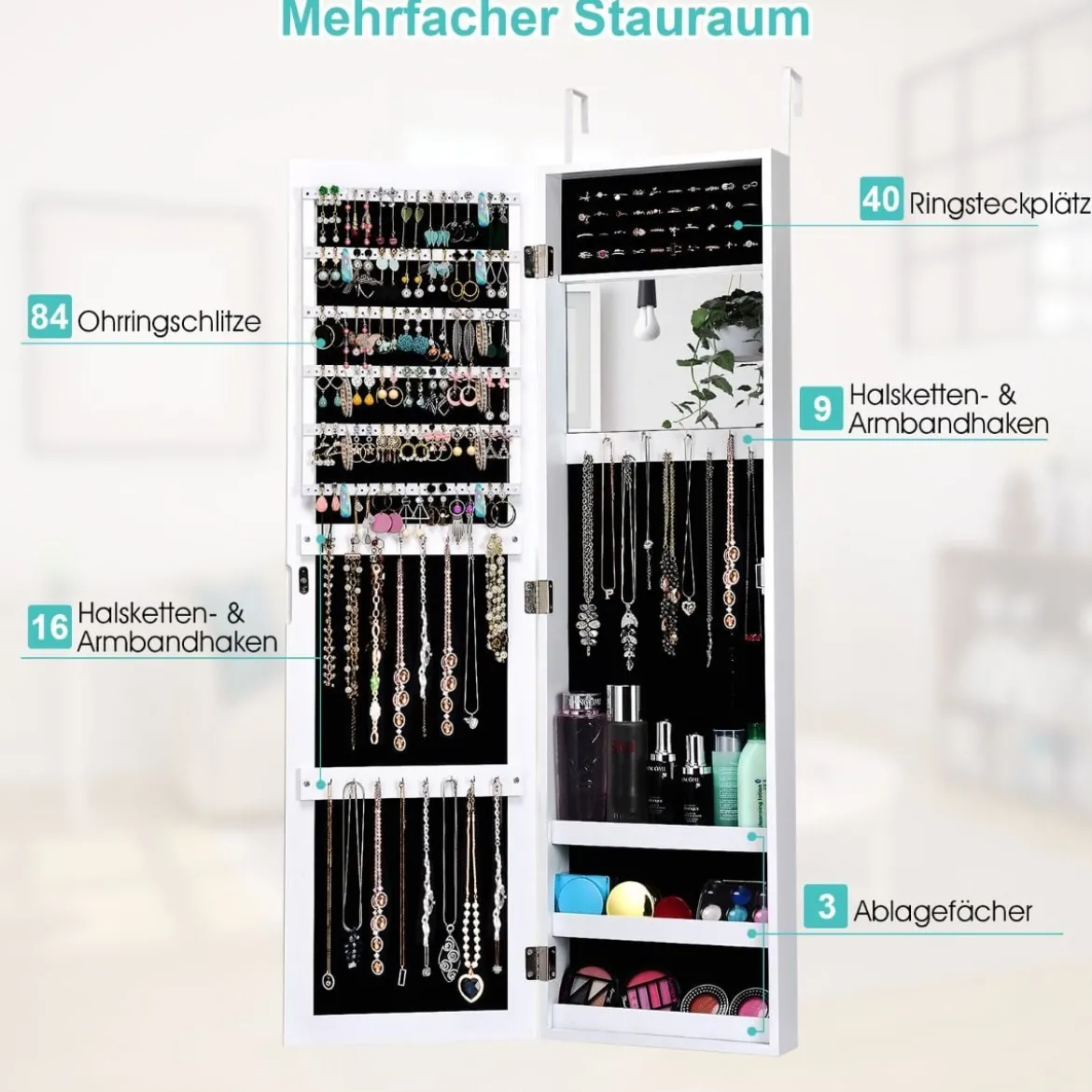 Schmuckschrank mit Ganzkörperspiegel und eingebautem Schminkspiegel Weiß/Schwarz/Braun