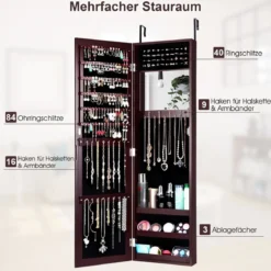 Schmuckschrank mit Ganzkörperspiegel und eingebautem Schminkspiegel Weiß/Schwarz/Braun