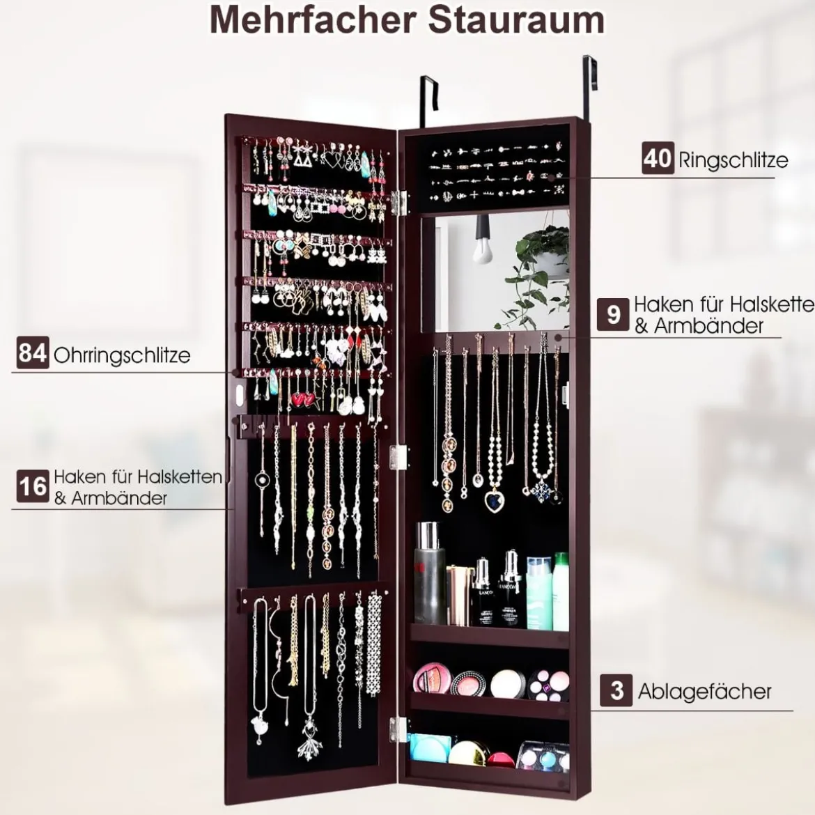 Schmuckschrank mit Ganzkörperspiegel und eingebautem Schminkspiegel Weiß/Schwarz/Braun