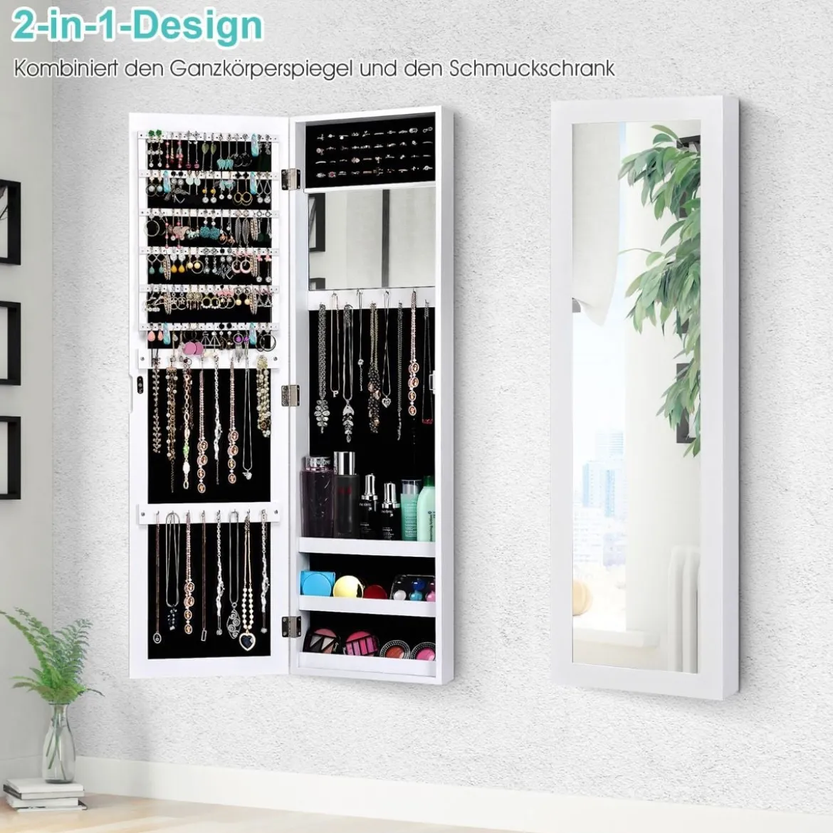 Schmuckschrank mit Ganzkörperspiegel und eingebautem Schminkspiegel Weiß/Schwarz/Braun