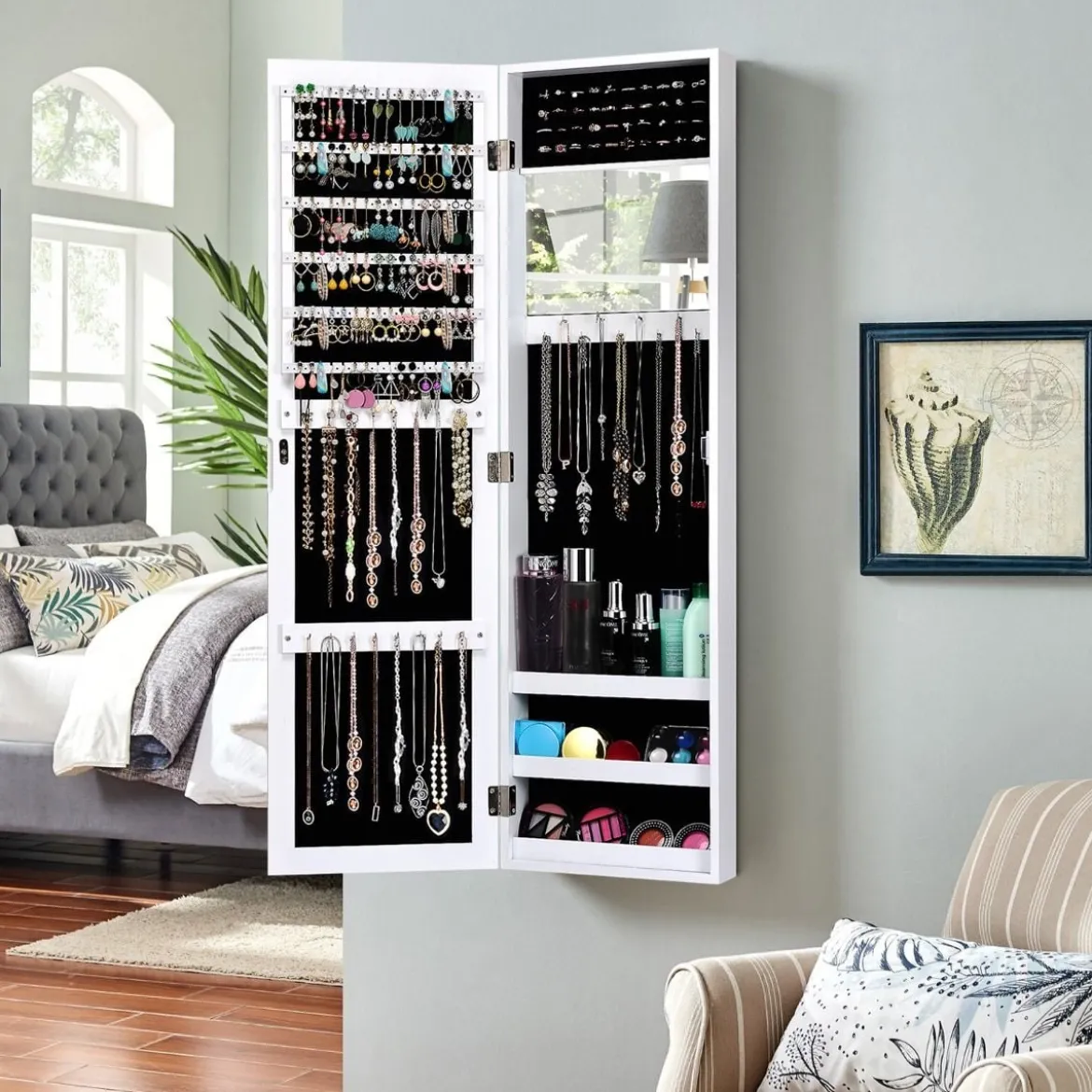 Schmuckschrank mit Ganzkörperspiegel und eingebautem Schminkspiegel Weiß/Schwarz/Braun