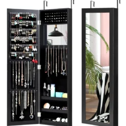 Schmuckschrank mit Ganzkörperspiegel und eingebautem Schminkspiegel Weiß/Schwarz/Braun