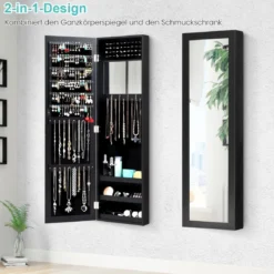 Schmuckschrank mit Ganzkörperspiegel und eingebautem Schminkspiegel Weiß/Schwarz/Braun