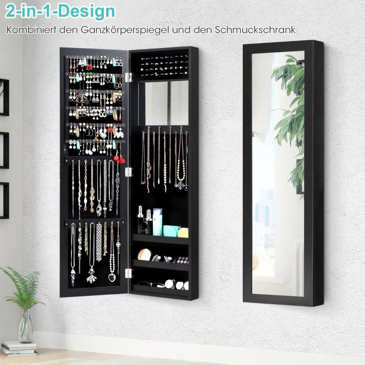 Schmuckschrank mit Ganzkörperspiegel und eingebautem Schminkspiegel Weiß/Schwarz/Braun