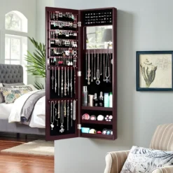 Schmuckschrank mit Ganzkörperspiegel und eingebautem Schminkspiegel Weiß/Schwarz/Braun