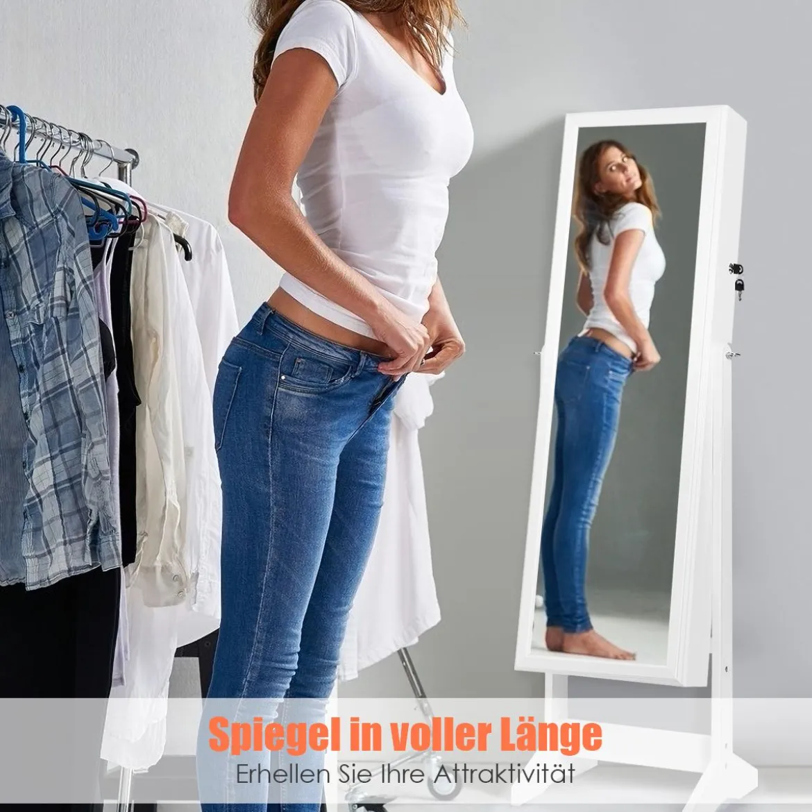 Schmuckschrank mit Ganzkörperspiegel Schmuckständer 41 x 36,5 x 146 cm Weiß