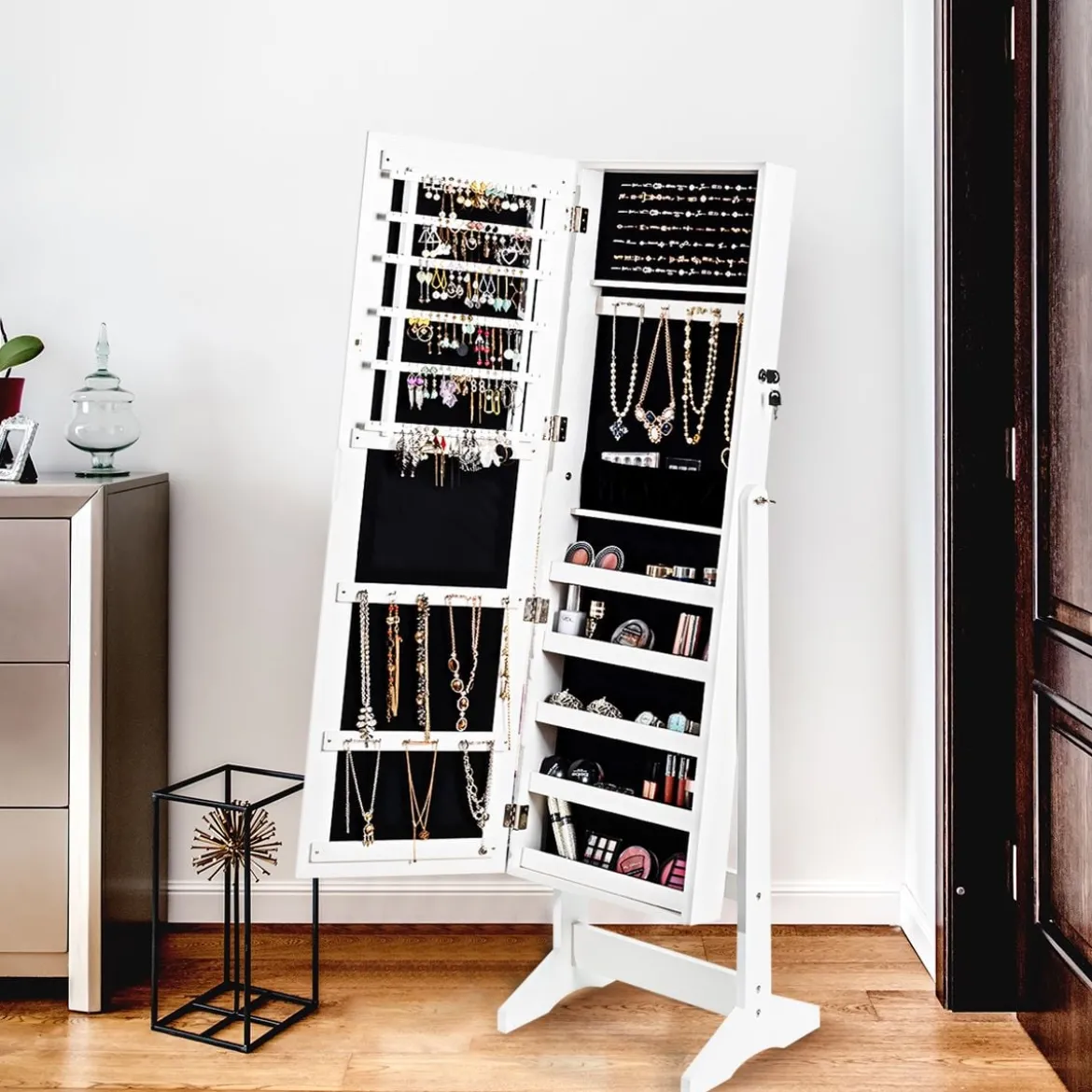 Schmuckschrank mit Ganzkörperspiegel Schmuckständer 41 x 36,5 x 146 cm Weiß