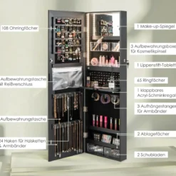 Schmuckschrank mit Ganzkörperspiegel & 3-farbigen Lichtern an der Wand/Tür Schwarz