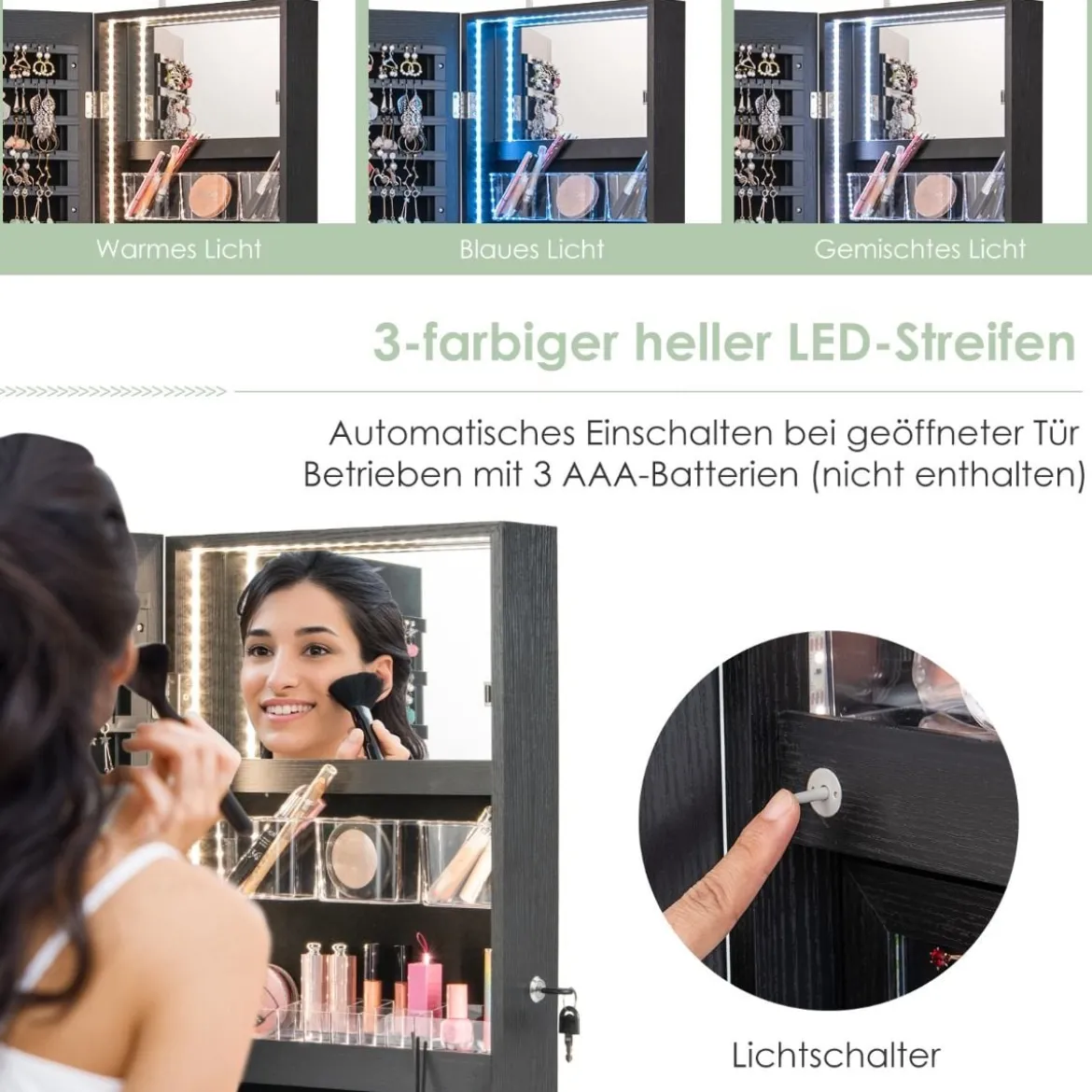 Schmuckschrank mit Ganzkörperspiegel & 3-farbigen Lichtern an der Wand/Tür Schwarz