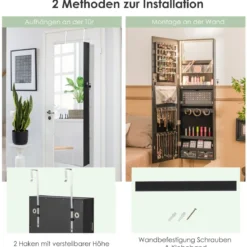 Schmuckschrank mit Ganzkörperspiegel & 3-farbigen Lichtern an der Wand/Tür Schwarz