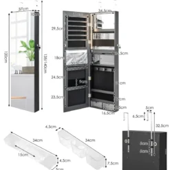 Schmuckschrank mit Ganzkörperspiegel & 3-farbigen Lichtern an der Wand/Tür Schwarz
