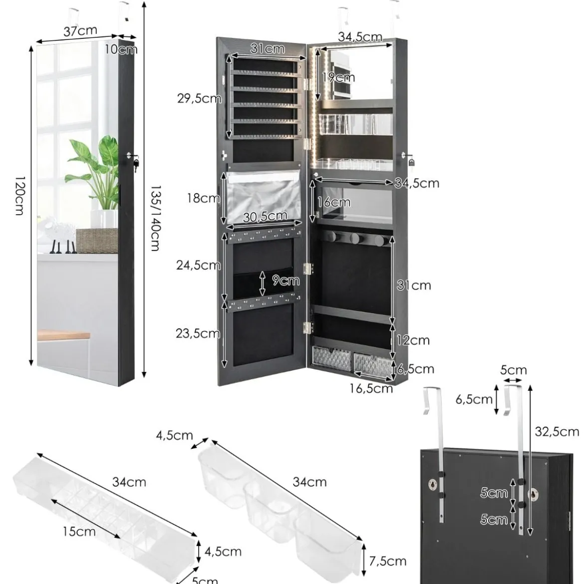 Schmuckschrank mit Ganzkörperspiegel & 3-farbigen Lichtern an der Wand/Tür Schwarz