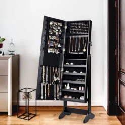Schmuckschrank mit Ganzkörperspiegel mit Ohrringfächern 41 x 36,5 x 146 cm Schwarz