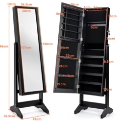Schmuckschrank mit Ganzkörperspiegel mit Ohrringfächern 41 x 36,5 x 146 cm Schwarz