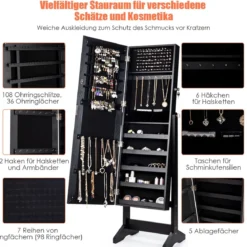 Schmuckschrank mit Ganzkörperspiegel mit Ohrringfächern 41 x 36,5 x 146 cm Schwarz