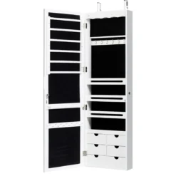 Schmuckschrank mit LED Abschließbarer Wand-/Türschmuckschrank mit Spiegel & 6 Schubläden Weiß