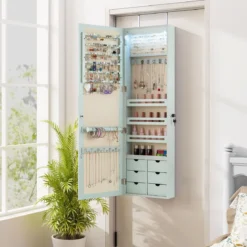 Schmuckschrank mit LED Abschließbarer Wand-/Türschmuckschrank mit Spiegel & 6 Schubläden Grün