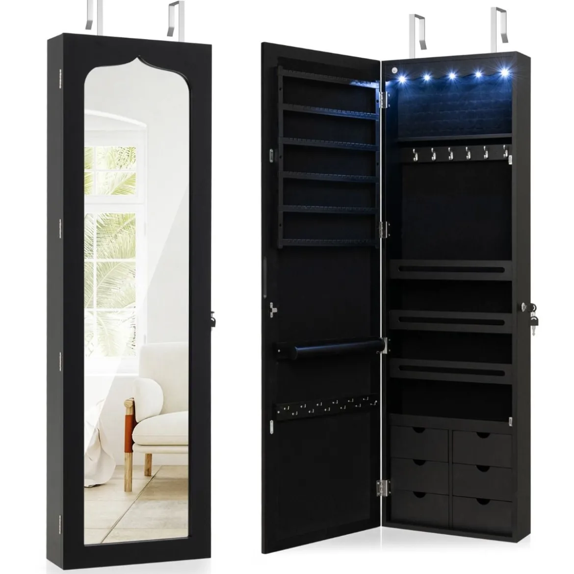 Schmuckschrank mit LED Abschließbarer Wand-/Türschmuckschrank mit Spiegel & 6 Schubläden Schwarz