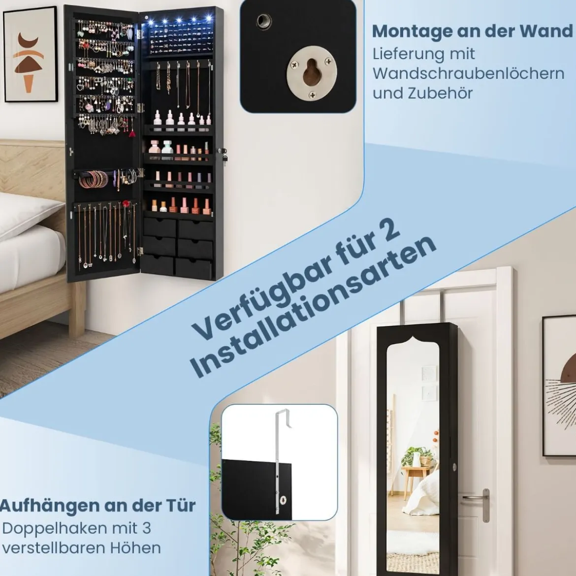 Schmuckschrank mit LED Abschließbarer Wand-/Türschmuckschrank mit Spiegel & 6 Schubläden Schwarz