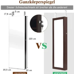Schmuckschrank mit LED Beleuchtung mit Spiegel abschließbar Schlüsseln Schmuckaufbewahrung Dunkelbraun