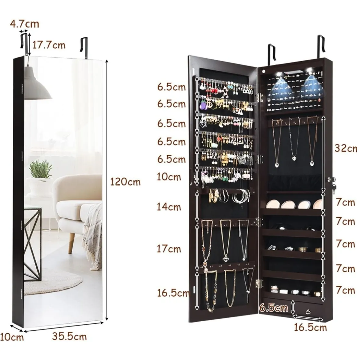 Schmuckschrank mit LED Beleuchtung mit Spiegel abschließbar Schlüsseln Schmuckaufbewahrung Dunkelbraun