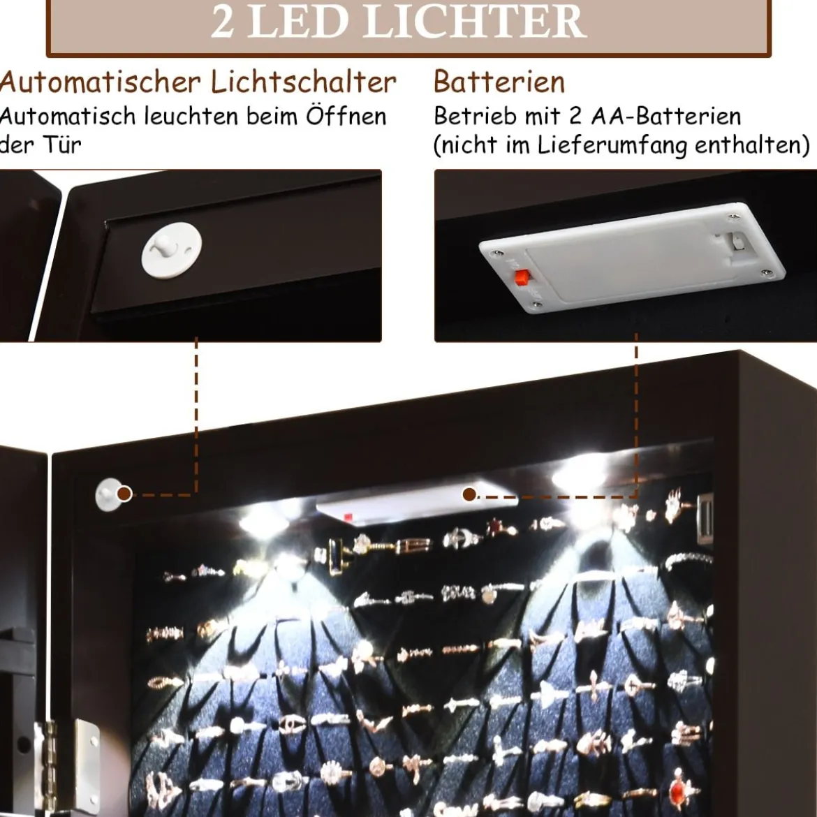 Schmuckschrank mit LED Beleuchtung mit Spiegel abschließbar Schlüsseln Schmuckaufbewahrung Dunkelbraun