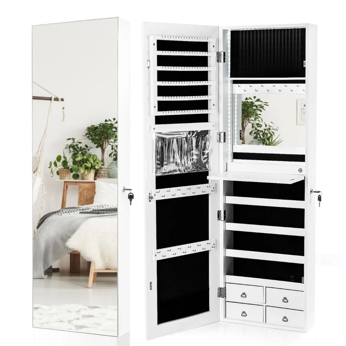 Schmuckschrank mit LED Beleuchtung Schmuckregal mit Ganzkörperspiegel Weiß