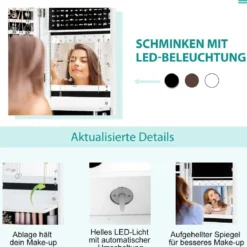 Schmuckschrank mit LED Beleuchtung Schmuckregal mit Ganzkörperspiegel Weiß