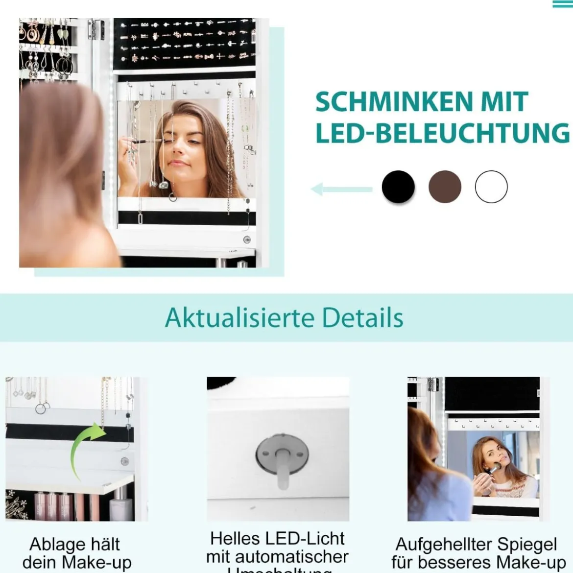 Schmuckschrank mit LED Beleuchtung Schmuckregal mit Ganzkörperspiegel Weiß