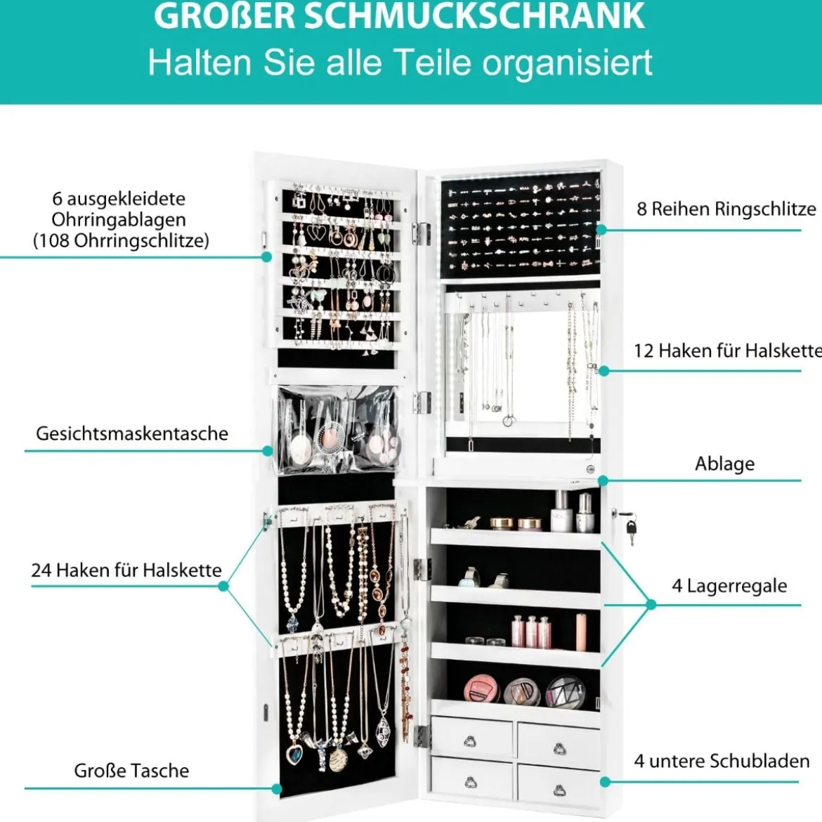 Schmuckschrank mit LED Beleuchtung Schmuckregal mit Ganzkörperspiegel Weiß